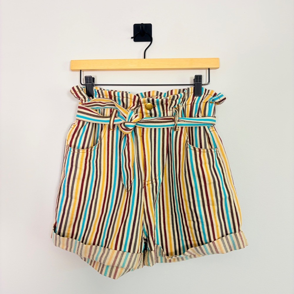 Entro Women Multi Color Striped Paperbag Waist Shorts High Rise Cotton Size M - Picture 2 of 6